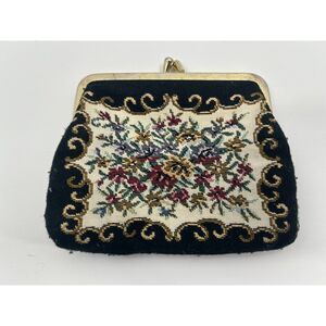 VTG Floral Tapestry Coin Purse Metal Kiss Lock Frame Petit Point Black Floral